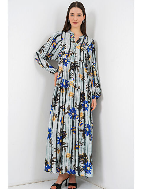 Bigdart Kadın Desenli Uzun Tesettür Elbise 2585 - Koyu Gri