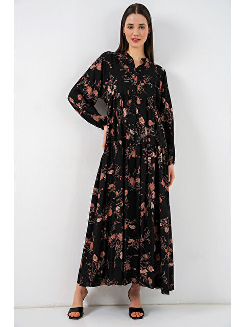 Bigdart Kadın Desenli Uzun Tesettür Elbise 2585 - B. Siyah
