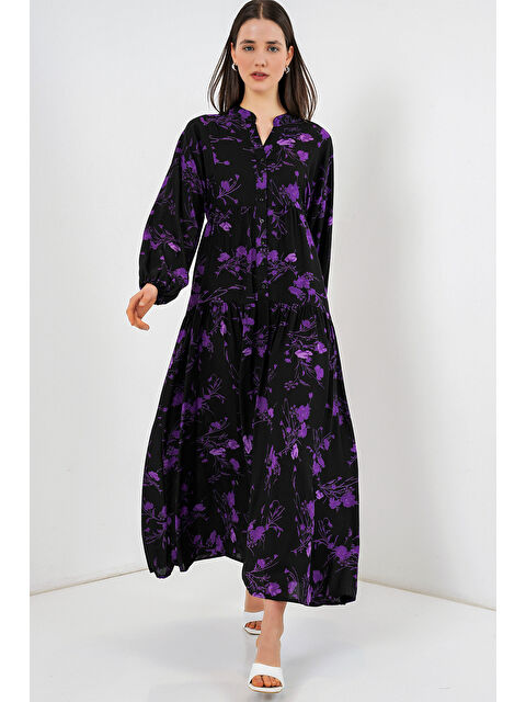 Bigdart Kadın Desenli Uzun Tesettür Elbise 2585 - E.Siyah