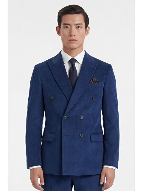 Sabri Özel Giotelli Erkek Açık Lacivert %100 Kadife Düz Kruvaze Yaka Fleto Cep 6 Drop Takım Elbise - S000523803-21164