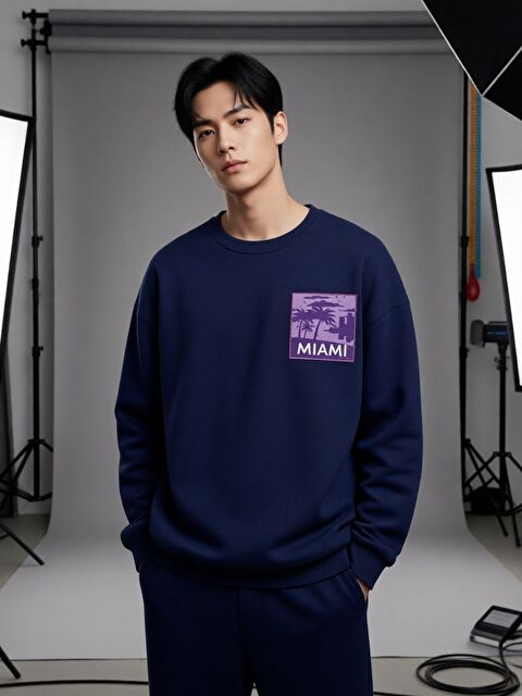 Trendseninle Unisex Erkek Kadın Lacivert Miami Logo Özel Baskılı Bisiklet Yaka Sweatshirt - S000498308-21164