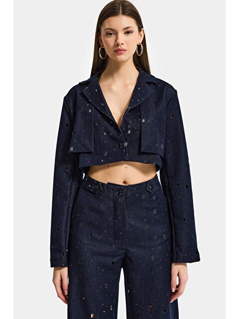 It's Basic Kadın Lacivert s6-56 Crop Fit Özel Tasarım Delikli Denim Ceket - S000514075-21164