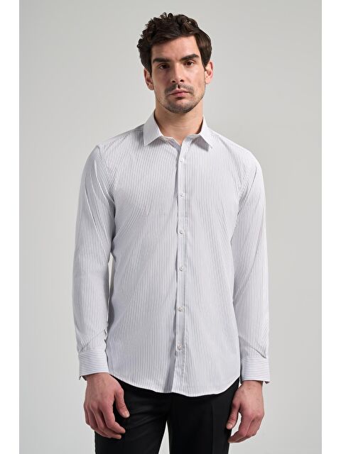 İMZA Beyaz Uzun Kol Desen Yarım İtalyan Yaka Cepsiz Esnek Classic Slim Fit Gömlek 1004245217 - S000357290-17219