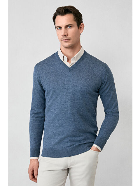 Kiğılı V Yaka Regular Fit Sıcak Tutan Yünlü Triko Kazak - S000494117-23093