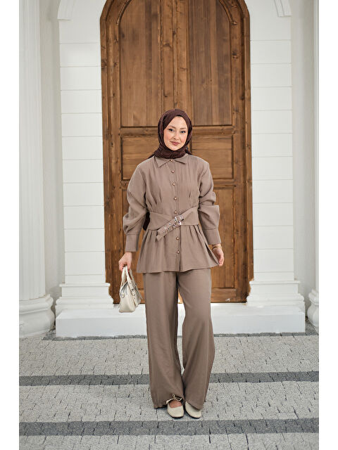 Locco Moda Kadın Beli Pile Detay İki Kemerli Gömlek Yaka Takım Vizon