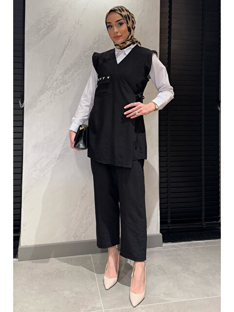 Julude Kruvaze Yaka Taş İşlemeli Bağlamalı Yelek Gömlek Pantolon Tesettür Üçlü Takım - S000361238-19351