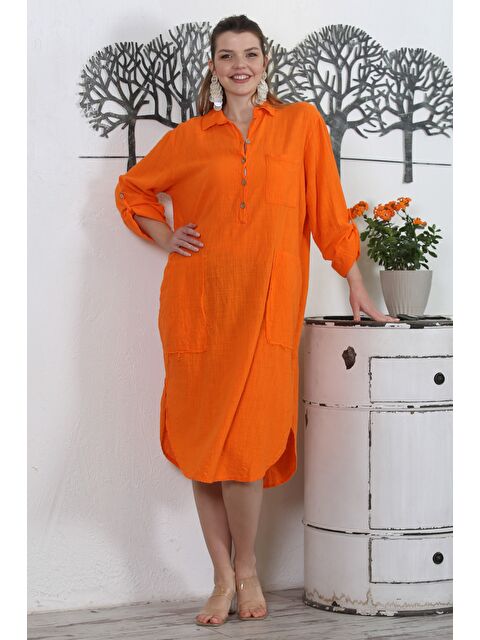 Chiccy İtalyan Turuncu Gömlek Yaka Uzun Kol Düğmeli Çift Cepli Yıkamalı Dokuma Casual Elbise - S000358947-20013