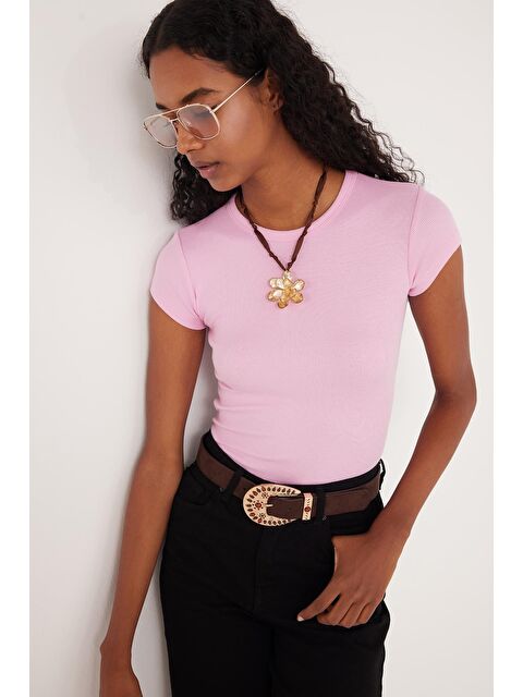 TUDORS Kadın Slim Fit Dar Kesim Bisiklet Yaka Modal Kumaş Pembe Bluz - S000521002-19965