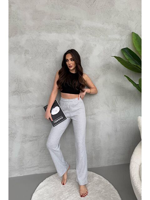 Mmetalic Kadın Gri Yüksek Bel Fitilli Bol Paça Günlük İnce Eşofman Altı Pijama - S000353246-20600