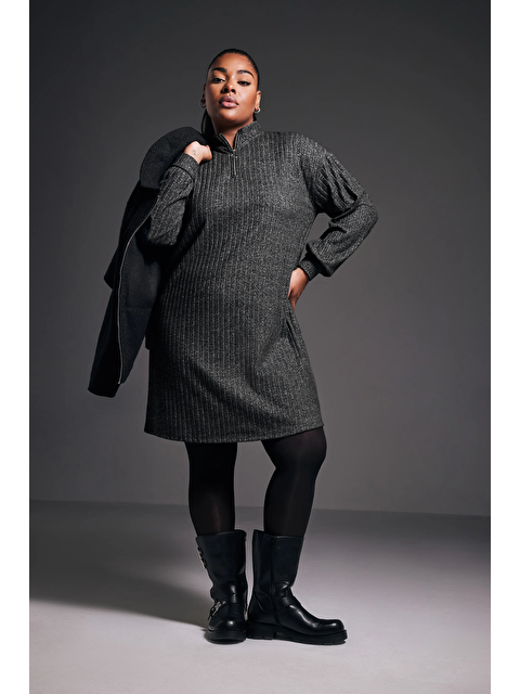 Stil Diva Büyük Beden Yumuşak Kumaş Yakası Fermuarlı Fitilli Tunik Elbise 322179 - S000457793-29666