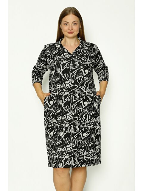 Intensive Kadın Büyük Beden Cepli Truvakar Kollu Elastanlı Polo Yaka Jakarlı Elbise - S000508282-19351