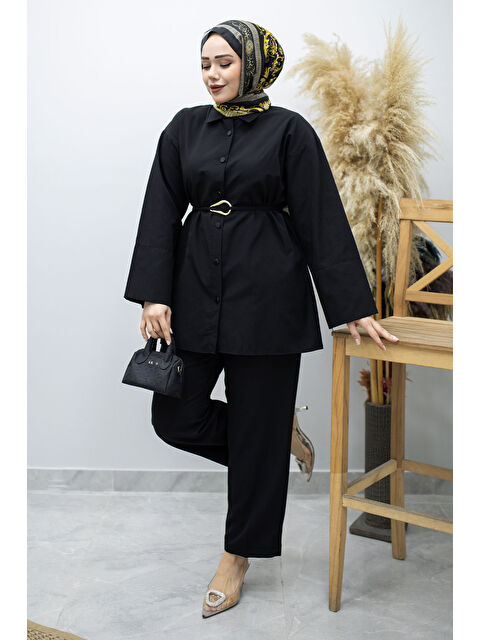 Tesettür Dünyası Kuşağı Gold Detaylı Gömlek TSD260162 Siyah