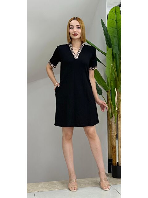 Jane's Kadın Kısa Kollu V Yakalı Leopar Desen Detaylı Modal Elbise - S000528441-19351