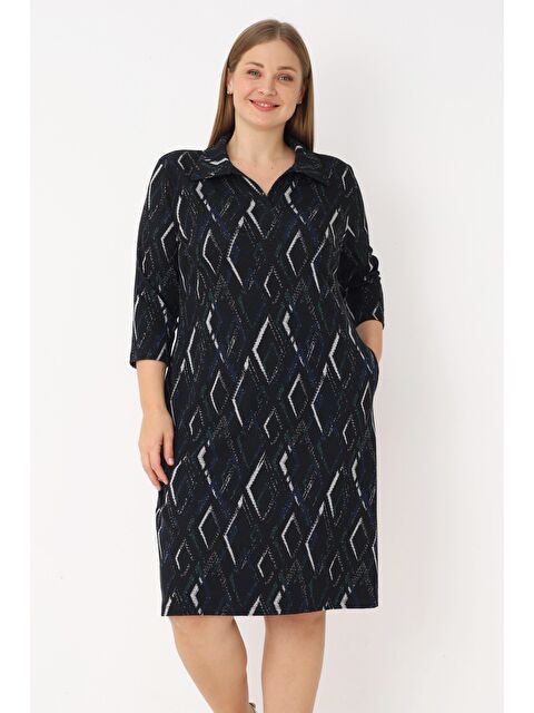 Intensive Kadın Büyük Beden Desenli Cepli Jakarlı Truvakar Kollu Elbise - S000508283-19351