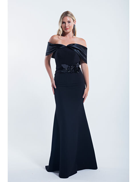 Lafaba Kadın Siyah Kayık Yaka Fiyonklu Uzun Abiye Elbise - S000496854-19351