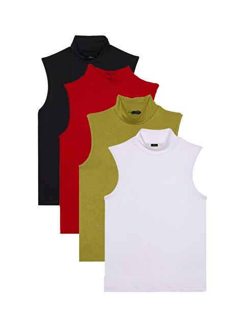 TUDORS Kadın 4'Lü Paket Siyah-Kırmızı-Yeşil-Beyaz Regular Fit Viskon Kumaş Balıkçı Yaka Sıfır Kol Bluz - S000521008-23173