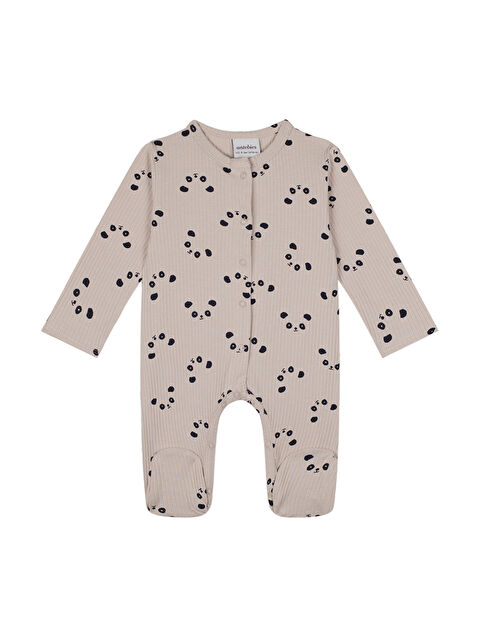Antebies Bej Panda Bambu Kumaş Uzun Kollu Bebek Patikli Tulum