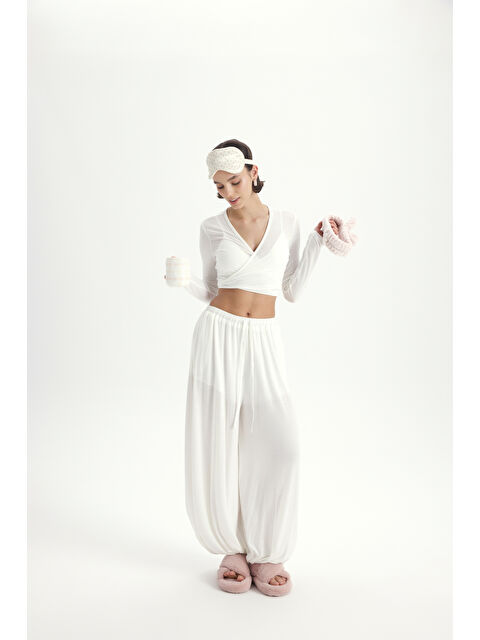 Mai Collection Vena Bağlamalı Ekru Crop Şalvar Pantolon Takım