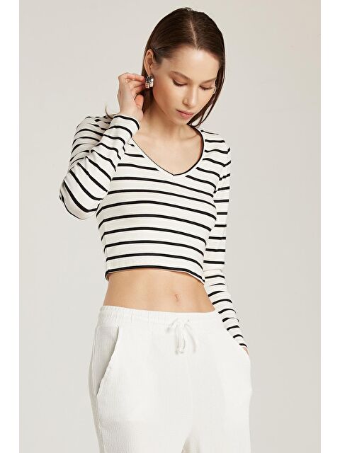 TUDORS Kadın Slim Fit Dar Kesim Uzun Kollu Bisiklet Yaka Çizgili Bluz - S000521011-23173