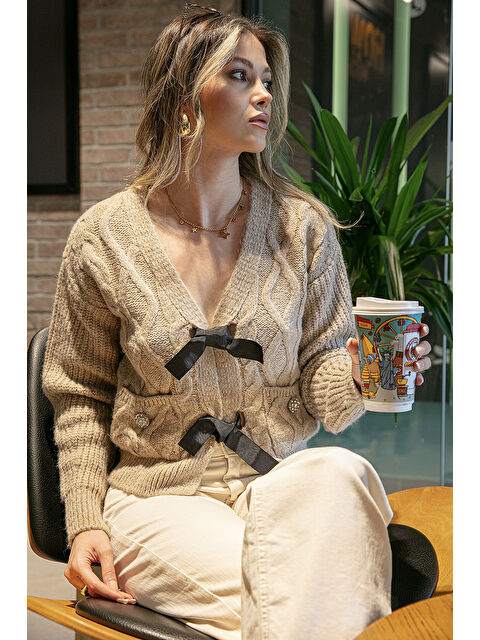 Lela Premium Regular Fit V Yaka Fiyonk Bağlama Detaylı Örgü Desenli Triko Hırka 680KZ1947 - S000424889-19928