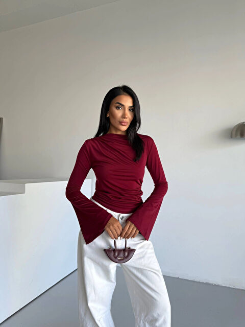 Hazelin Kadın Bordo Drape Detaylı İspanyol Kol Sany Bluz HZL25W-FRY123431 - S000443022-19951