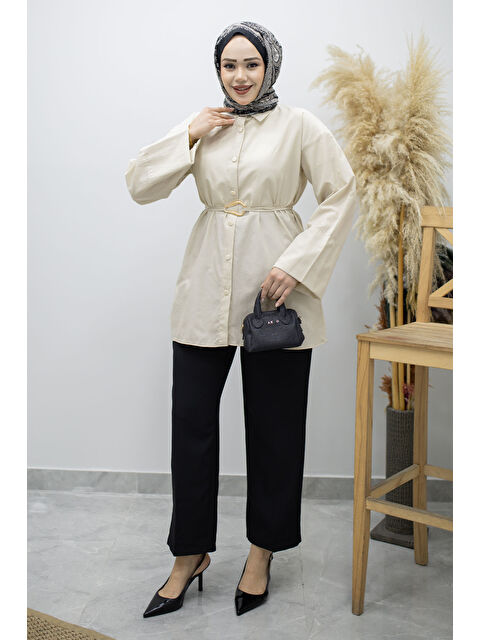 Tesettür Dünyası Kuşağı Gold Detaylı Gömlek TSD260162 Bej