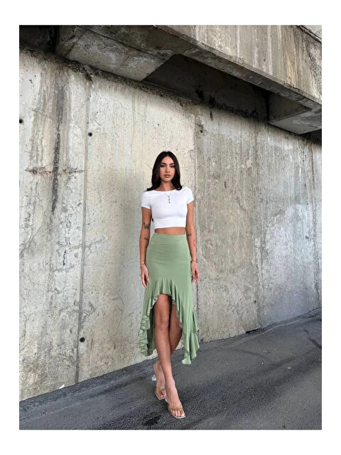 Hazelin Kadın Yeşil Yüksel Bel Dalgıç Kumaş Asimetrik Kesim Etek HZL25S-ZK11701 - S000499004-18194