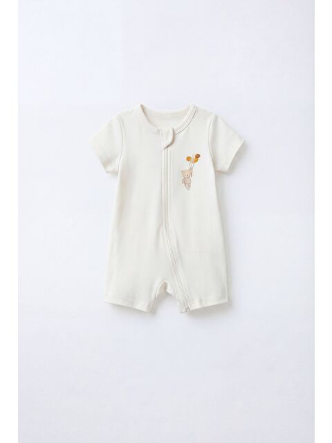 Magu Unisex Bebek Pamuklu Ekru Kısa Kollu Kısa Tulum - Çıtçıt Kapamalı Ayıcık Baskılı