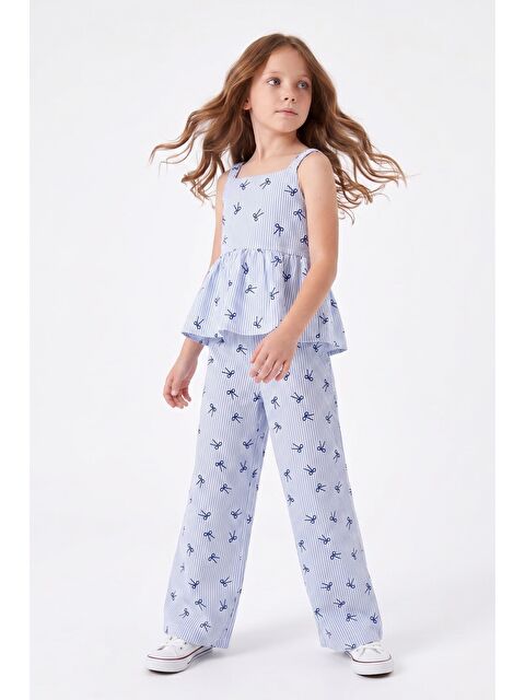 Fullamoda Fiyonklu Çizgili Askılı Kız Çocuk 2 Li Takım