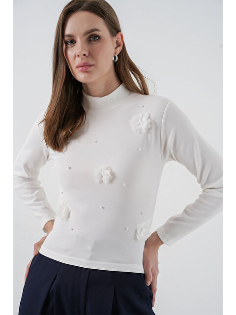 Bigdart Kadın Çiçekli Örme Bluz 978 - Beyaz - S000465954-20063