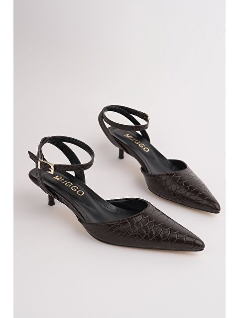 Muggo KİCK Kadın Kroko Desenli Sivri Burun İnce Topuklu Bilekten Bağlamalı Ayakkabı