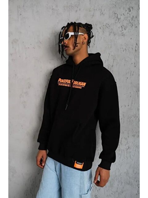 Jane's Erkek Armalı Baskılı Kapüşonlu Sweatshirt - Siyah