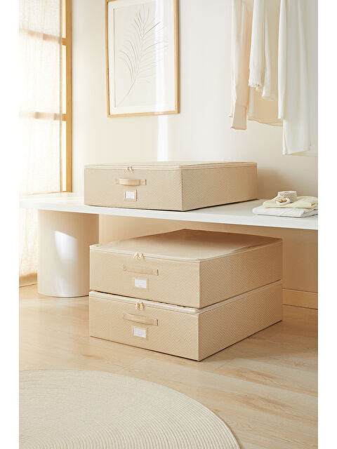 Ocean Home Textile 3'lü Büyük Boy Bej Balıksırtı Destekli Hurç Set 55 x 70 x 18 cm - S000351339-19928