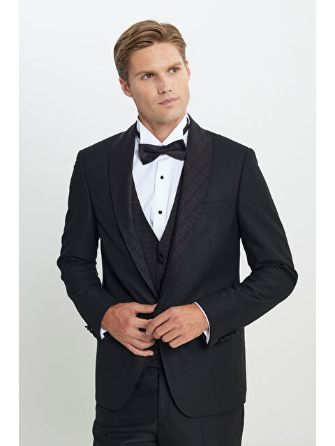 Altınyıldız Classics Erkek Siyah Ekstra Slim Fit Dar Kesim Kırlangıç Yaka Desenli Yelekli Smokin Takım - S000463560-19351
