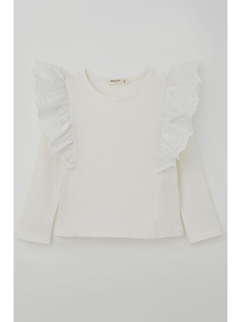 Breeze Kız Çocuk Uzun Kollu Tişört Omuzu Çiçek Nakışlı Güpür Detaylı Ekru (3-6 Yaş) - S000490193-19965