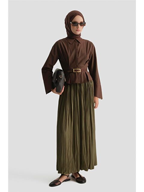 ARMİNE Kırışık Efektli Saten Etek Yağ Yeşili - S000518817-17346