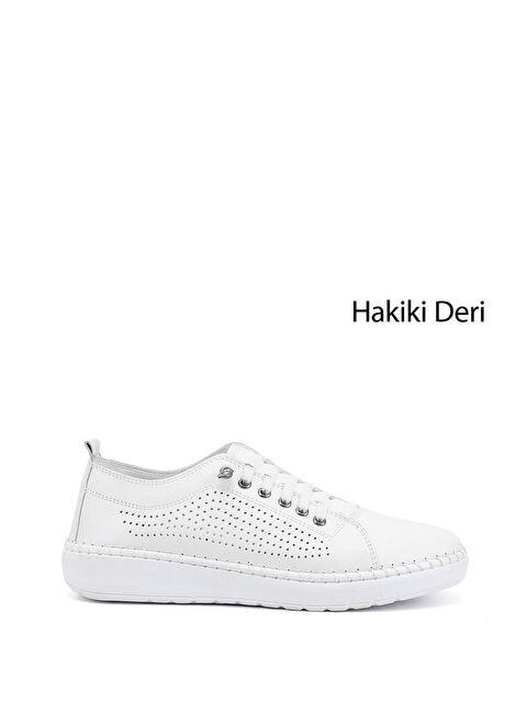 GÖNDERİ(R) Kadın CANLI BEYAZ Bağcıklı Hakiki Deri Comfort Ayakkabı