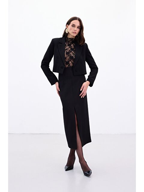 SATEEN Yırtmaçlı Midi Etek - Siyah - S000508288-19351