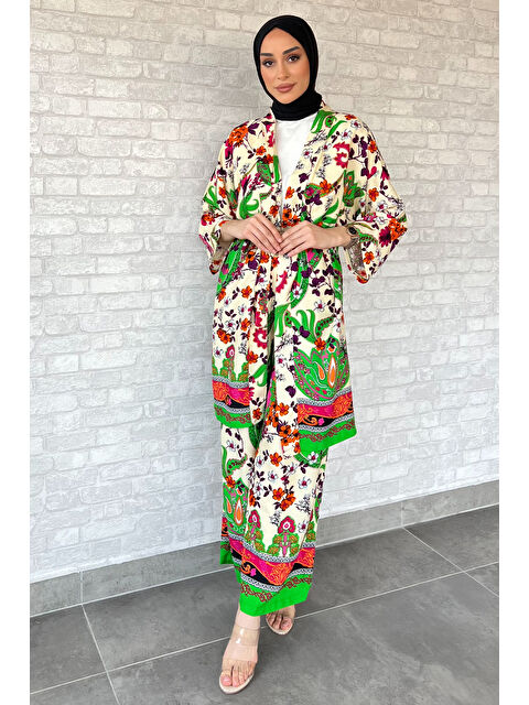 Julude Desenli Tesettür Viskon Kimono İkili Takım - S000289768-25636