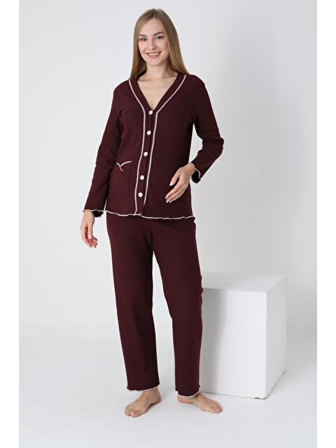 MİSS DÜNYA LİSSA Bordo Önden Düğmeli Ayarlanabilir Bel Kol ve Paça Fırfır Detaylı Hamile Pijama Takımı - S000436022-19951