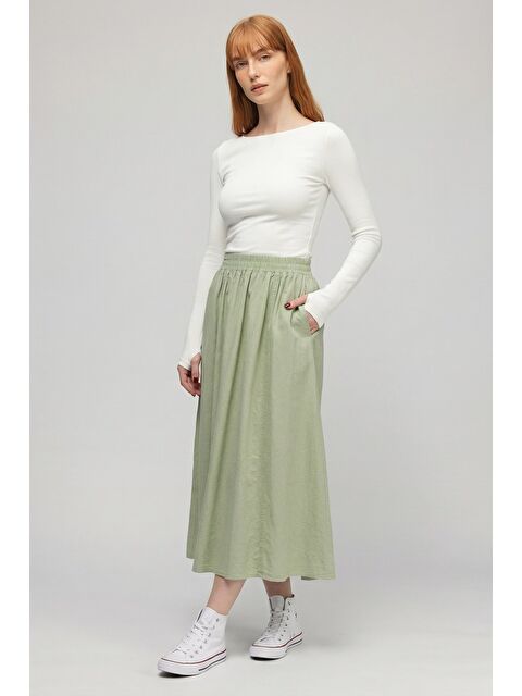 Saade Mint Kadın A Kesim Yüksek Bel Cepli Dökümlü Kloş Etek - Dokulu Keten