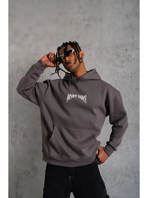 Jane's Erkek Kordon İpli Baskılı Kapüşonlu Sweatshirt - Füme