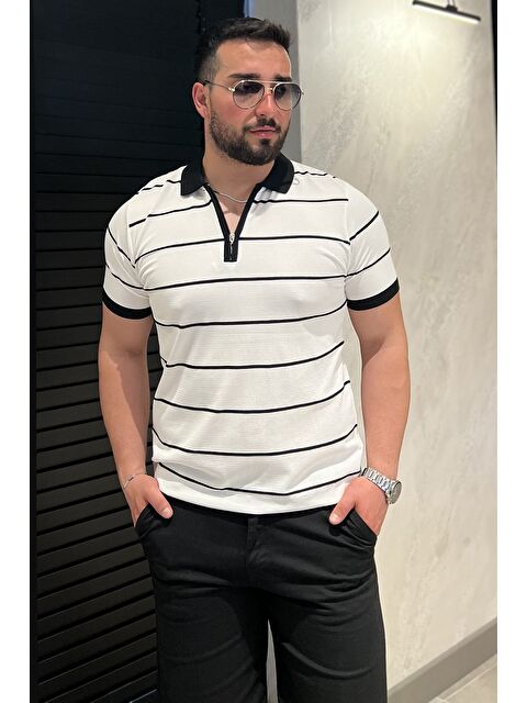 Mishar İtalia Erkek Polo Yaka Yarım Fermuarlı Çizgi Desenli Triko Tişört - S000399638-20063