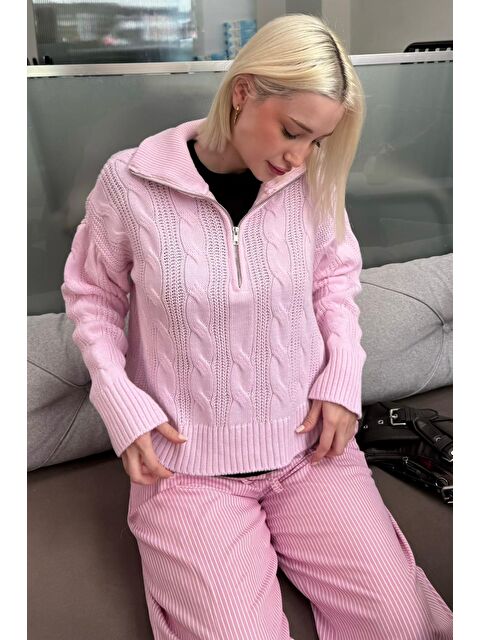 Madmext Pembe Örgü Desenli Kadın Triko Kazak Mg2546 - S000457803-20024