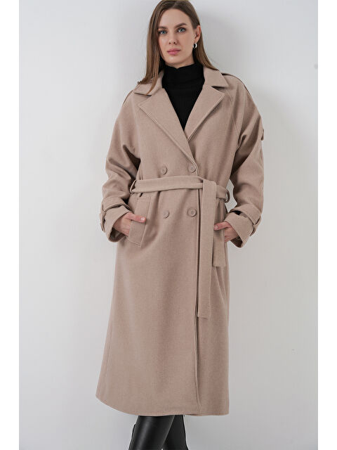 Bigdart Kadın Kuşaklı Kaşe Kaban 9161 - Bej - S000465953-19928