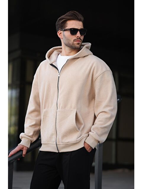 Madmext Bej Kapüşonlu Erkek Polar Hırka E7168 - S000440220-19928