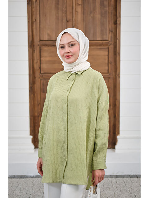 Locco Moda Kadın Pul Detaylı Kendinden Desen Gömlek Fıstık Yeşil - S000530144-19972