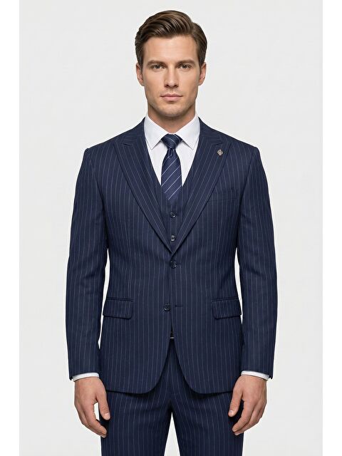 Sabri Özel Giotelli Lacivert Yelekli 8 Drop Polyester Viskon Karışımlı Erkek Takım Elbise - S000523808-21164