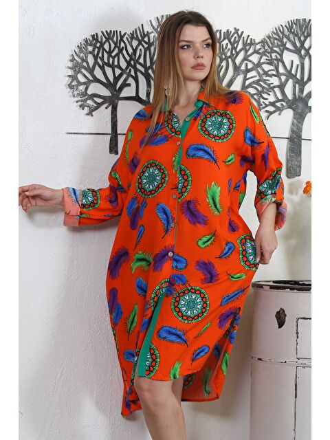 Chiccy Turuncu Gömlek Yaka Uzun Kol Düğmeli Gizli Cepli Allover Baskılı Dokuma Casual Elbise - S000358946-20013