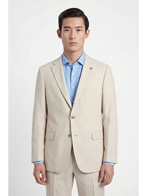 Sabri Özel Bej Regular Fit Yünlü Mono Yaka Yelekli Takım Elbise